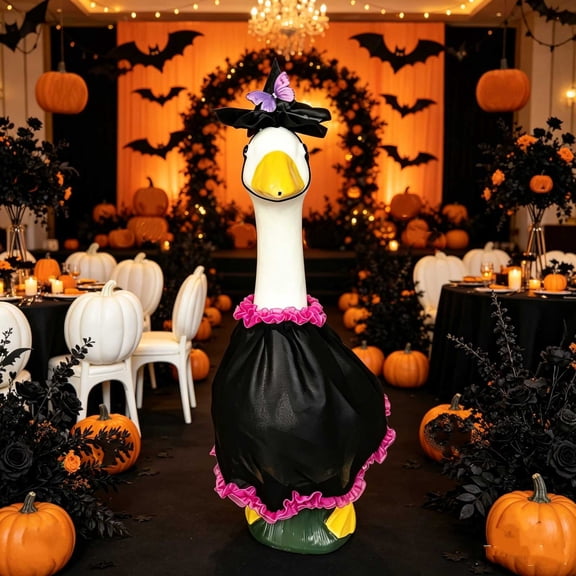 Witch Costume for Women, Black and Purple Hooded Design, 23 Inch Goose Themed Outfit, Classic Witch Style for Halloween Outdoor Porch Decor