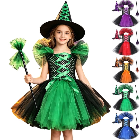 Witch for Kids Tulle Dresses Hats Witch Outfit Set Halloween Kids Dress up Party Girls Size 1-12 Years