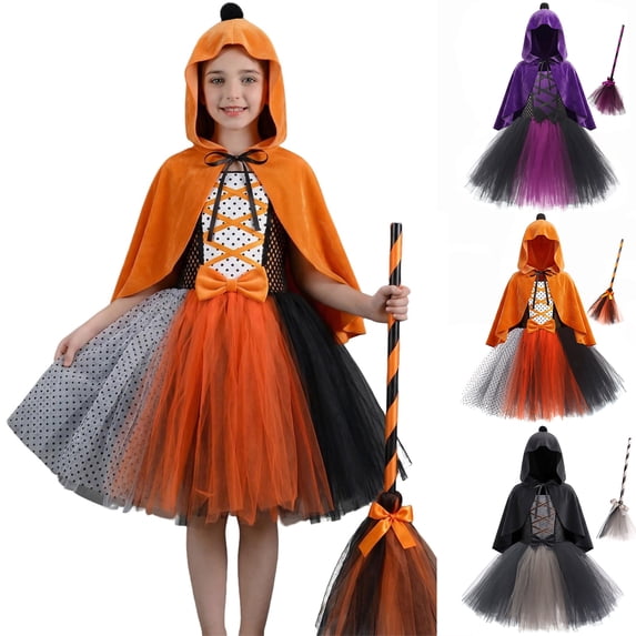 Witch for Kids Tutu Dresses Cape Witch Set Girls Halloween Dress Party Girls Size 2-12 Years