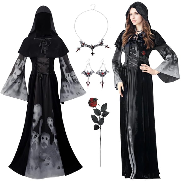 Witch Costumes for Women, Halloween Black Ghost Cloak Hooded Long Dress with Hood, L