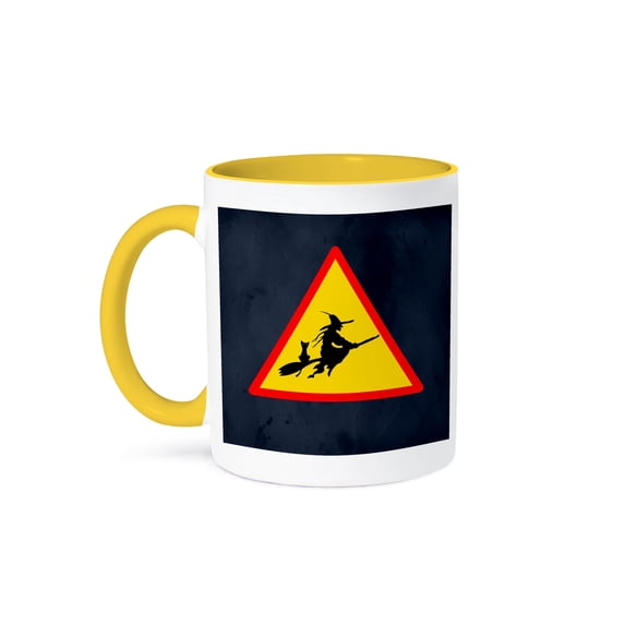 3dRose, Witch Crossing with Black Cat and Broom Warning Sign, 3drsmm, 15oz Two-Tone Yellow Mug