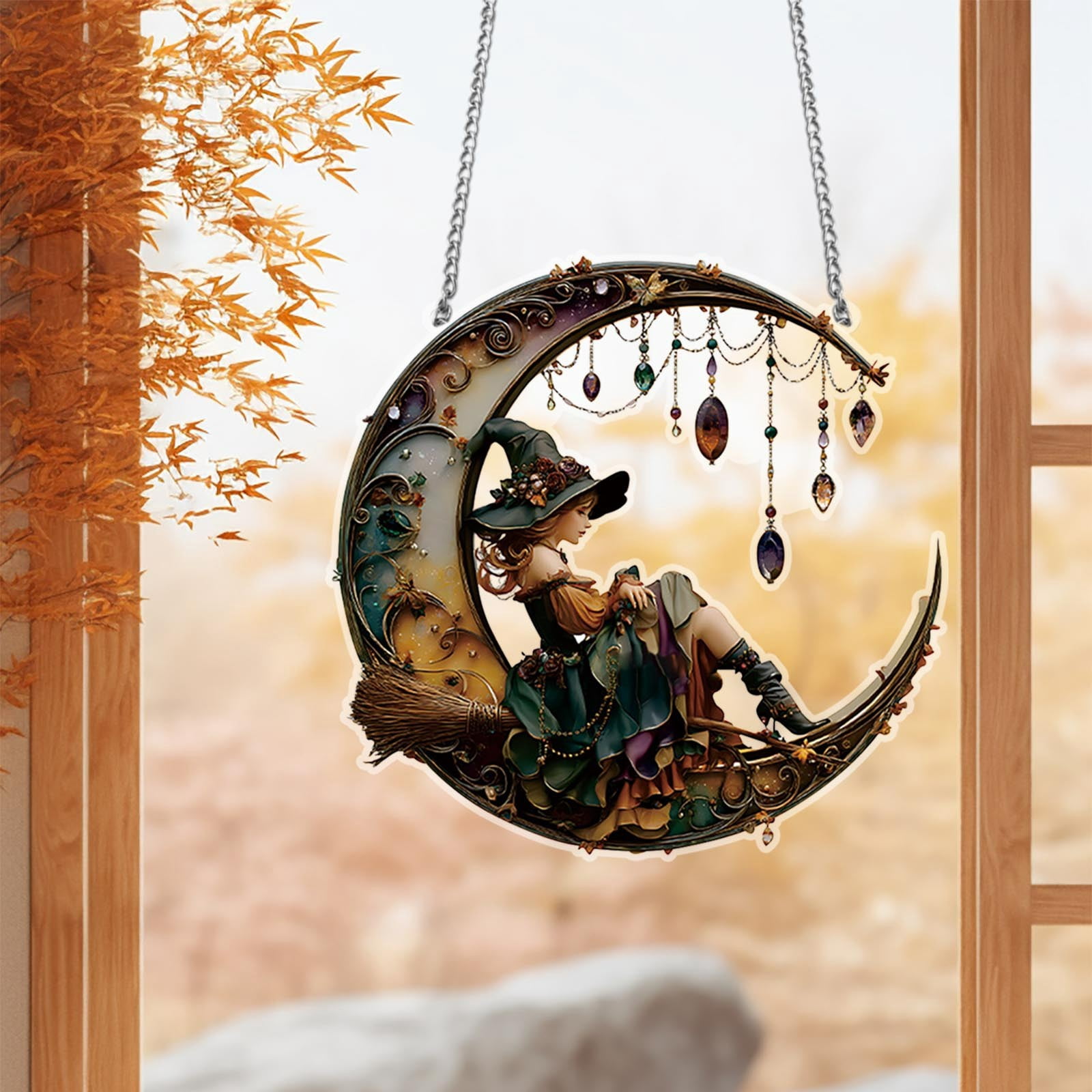 A Witch With Crystal Pendant Acrylic Wall Hanging Halloween Home ...