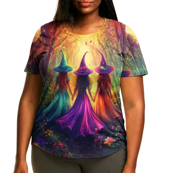 Witch Cute Graphic T-Shirt for Women Plus Size Crew Neck Short Sleeve Oversized Printed Tops Fall Tees Multicolor M