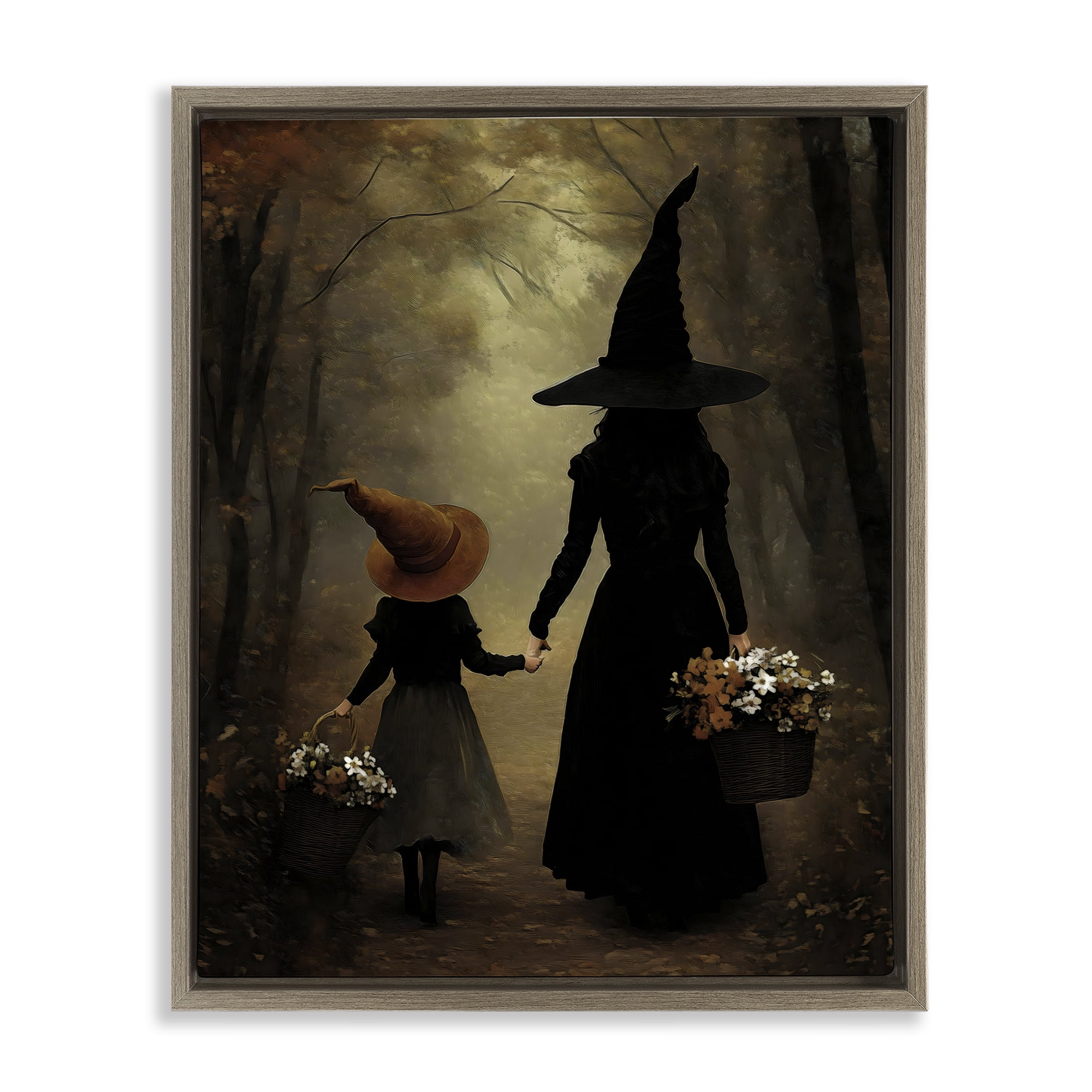 Witch & Daughter Mystical Forest Brown Framed Floater Canvas Wall Art, design by Arlington Prints