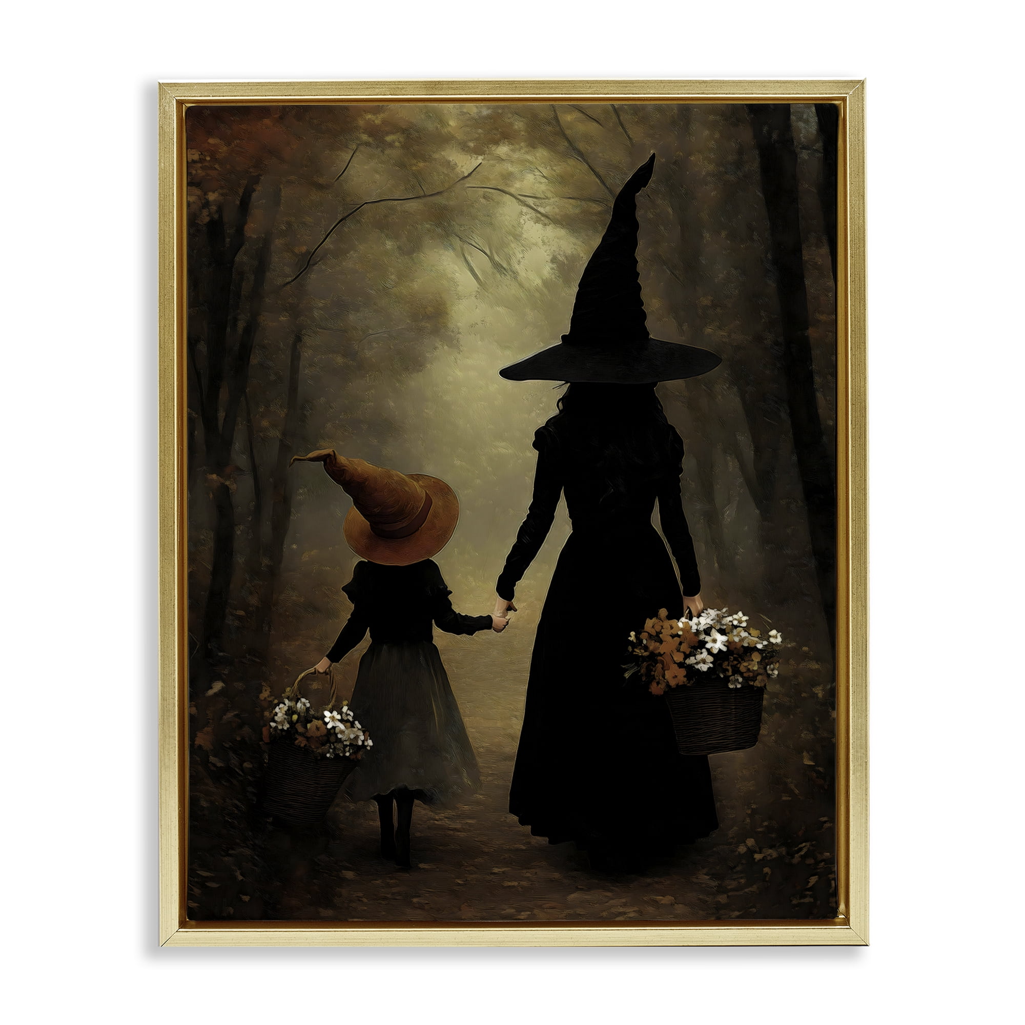 Witch & Daughter Mystical Forest Gold Framed Floater Canvas Wall Art, design by Arlington Prints
