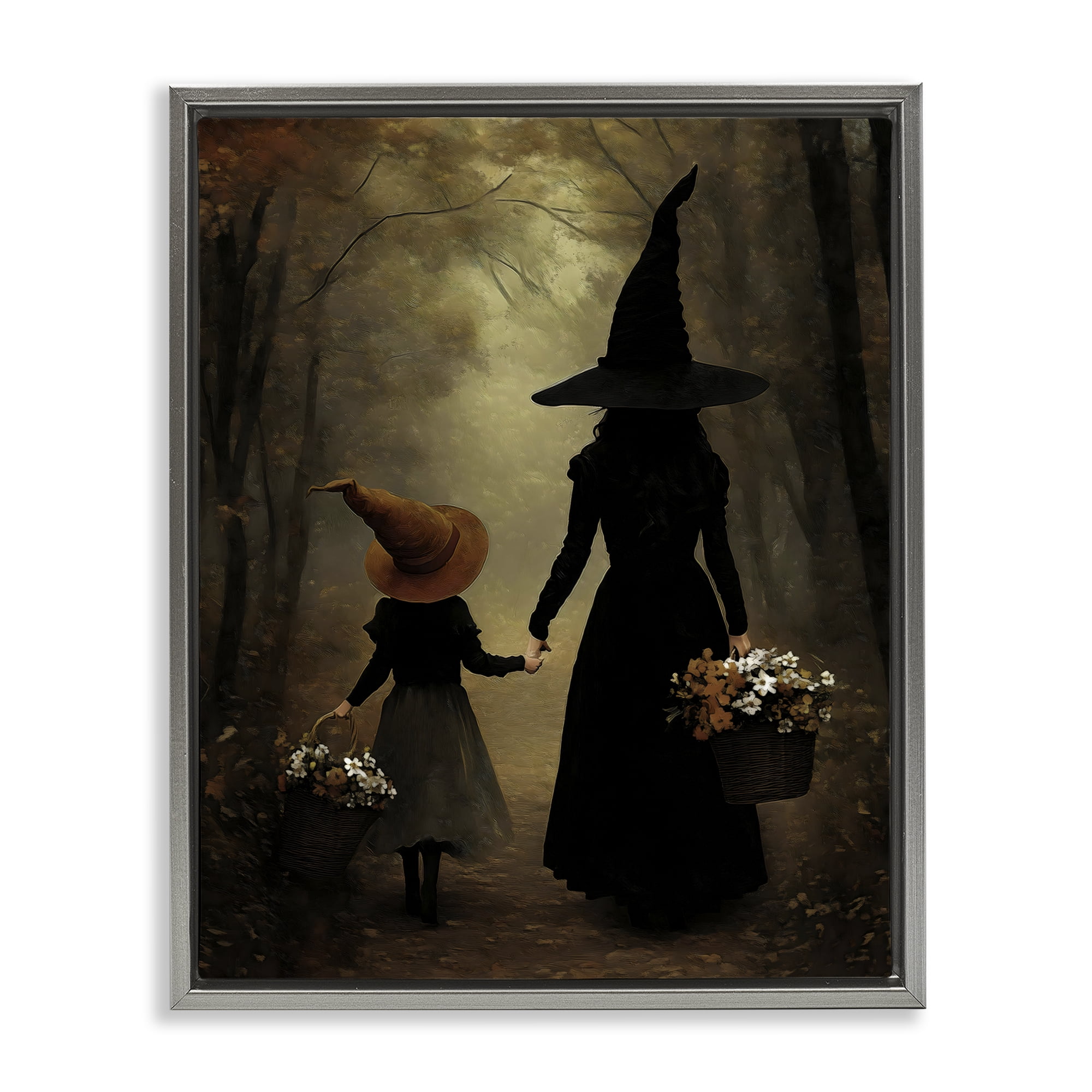 Witch & Daughter Mystical Forest Gray Framed Floater Canvas Wall Art, design by Arlington Prints