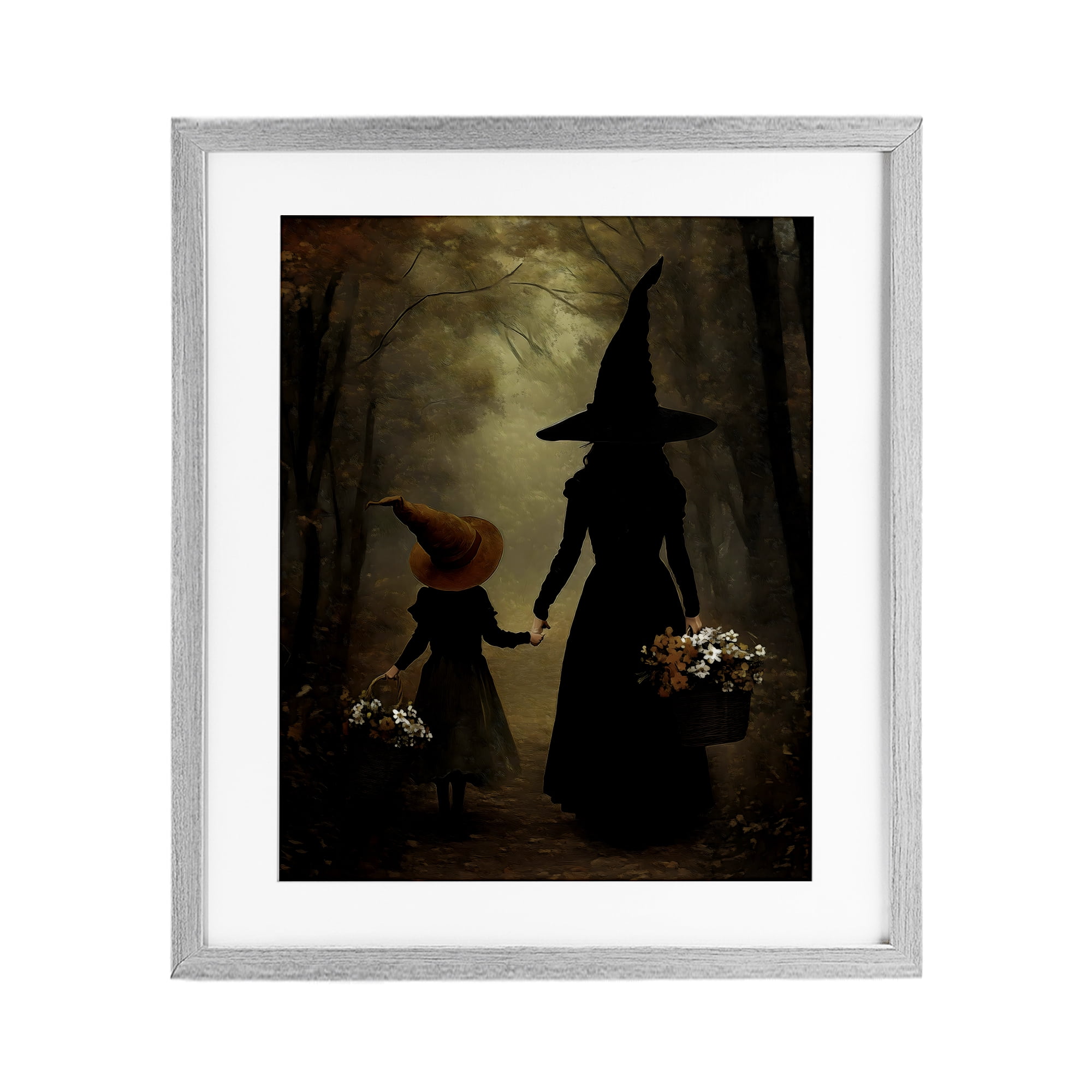 Witch & Daughter Mystical Forest Gray Framed Print Under Glass, design by Arlington Prints
