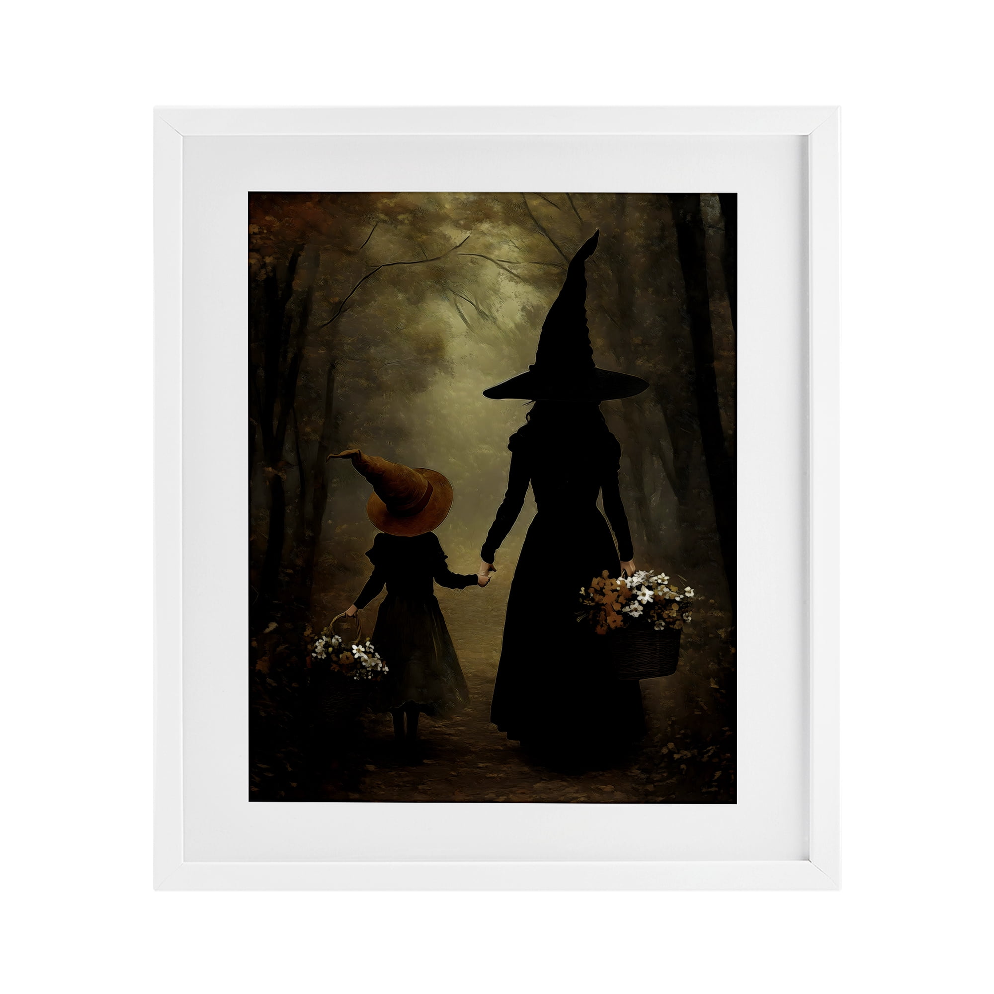 Witch & Daughter Mystical Forest White Framed Print Under Glass, design by Arlington Prints