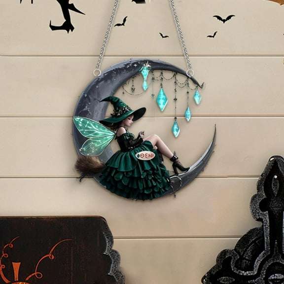 Witch Decor Witch with Crystal Pendant Acrylic Wall Hanging Home Decoration Halloween Moonlight Witch Acrylic Stained Glass Window Hanging Suncatcher Decor Stained Panel Hangings Wall Art Decor
