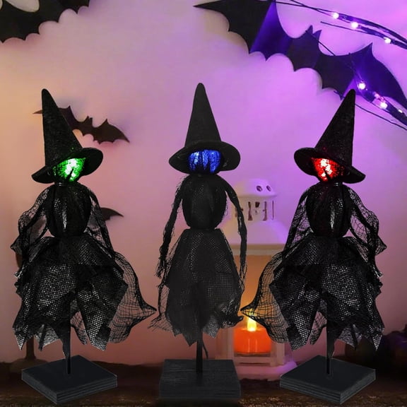 Witch Decorations Indoor 3pcs Primitive Halloween Witch on Wooden Stand with LED Halloween Table Centerpieces Signs for Home Shelf Mantels Kitchen Indoor Decorations Gifts