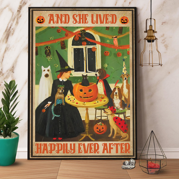 Witch & Dog And She Lived Happily Ever After Halloween Poster No Frame Matte Wall Art Decor 11 x 17 Inch Poster