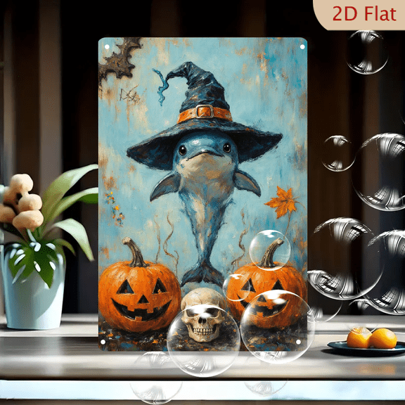 Witch Dolphin Halloween Art, 8x12 Inches Metal Wall Decor, Surreal Blue Gray Dolphin in Black Hat with Pumpkins Skull and Autumn Leaves, Rustic Grunge Vintage Spooky Home Office Party Gift