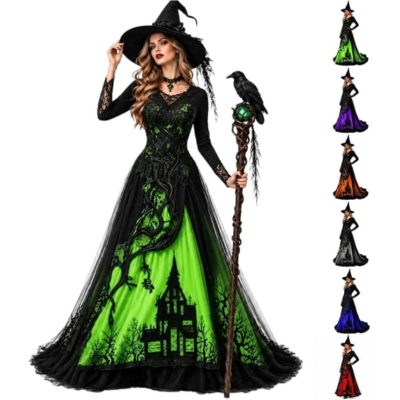 Witch Dress For Women Long Sleeve V Neck Slim Fit Halloween Dresses Medieval Renaissance Gothic Vampire Costumes