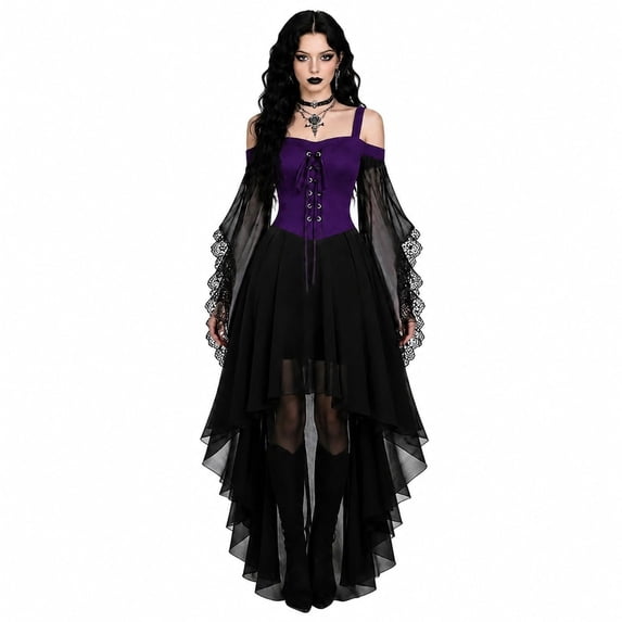 Witch Dress Women 2026 Halloween Costumes Woman Adults Medieval Vampire Butterfly Sleeve Mesh Gothic Outfits Purple M