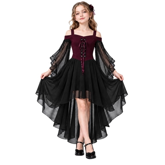 Witch Dress for Girls Halloween Vampire Butterfly Sleeve Mesh Gothic Outfits Halloween