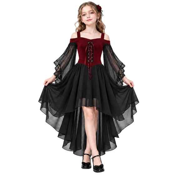 Witch Dress for Girls Halloween Vampire Butterfly Sleeve Mesh Gothic Outfits Halloween