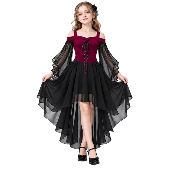 Witch Dress for Girls Halloween Vampire Butterfly Sleeve Mesh Gothic Outfits Halloween