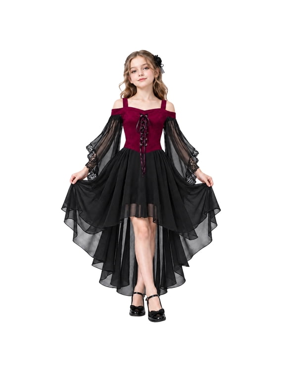 Witch Dress for Girls Halloween Vampire Butterfly Sleeve Mesh Gothic Outfits Halloween