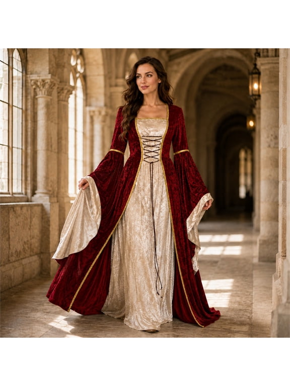 Witch Dress for Women Costume Halloween Vampire Dress 2026 Gothic Witch Costume Women Renaissance Medieval Velvet Outfit Cosplay Party Vermilion L