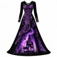 thumbnail image 1 of Witch Dress for Women Halloween Long Sleeve Lace V Neck Vintage Gothic Maxi Dress Allover Halloween Print Haunted House A Line Party Dress, 1 of 6