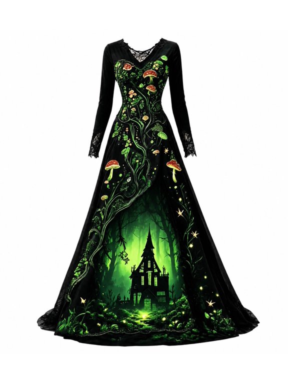 Witch Dress for Women Halloween Long Sleeve Lace V Neck Vintage Gothic Maxi Dress Allover Halloween Print Haunted House A Line Party Dress