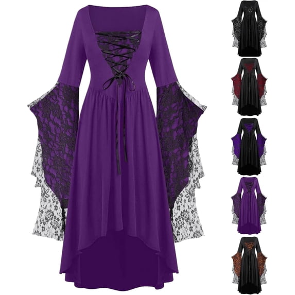 Witch Dress for Women Lace Square Neck Batwing Sleeve Halloween Dresses Adult Gothic