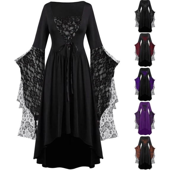 Witch Dress for Women Lace Square Neck Batwing Sleeve Halloween Dresses Adult Gothic