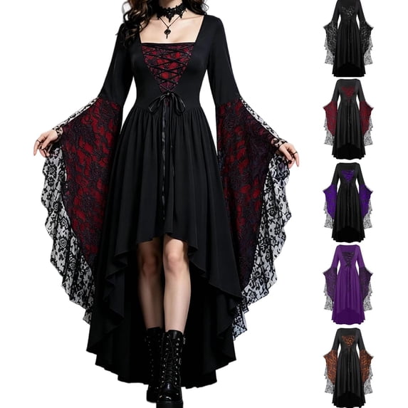 Witch Dress for Women Lace Square Neck Batwing Sleeve Halloween Dresses Adult Gothic