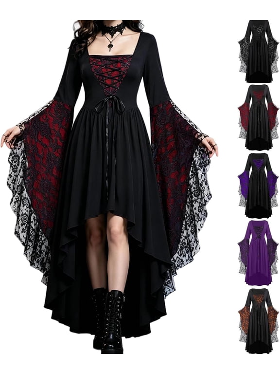 Witch Dress for Women Lace Square Neck Batwing Sleeve Halloween Dresses Adult Gothic