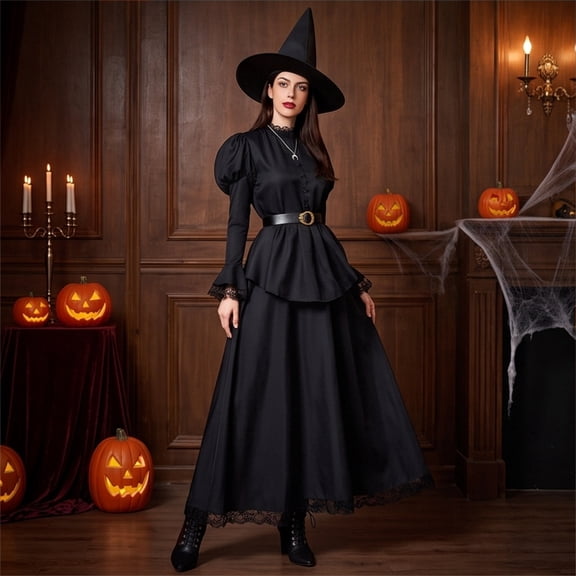 Witch Dress with Hat & Belt, Long Sleeve Gothic Halloween Costume with Lace Trim (1 Set) Black XXL