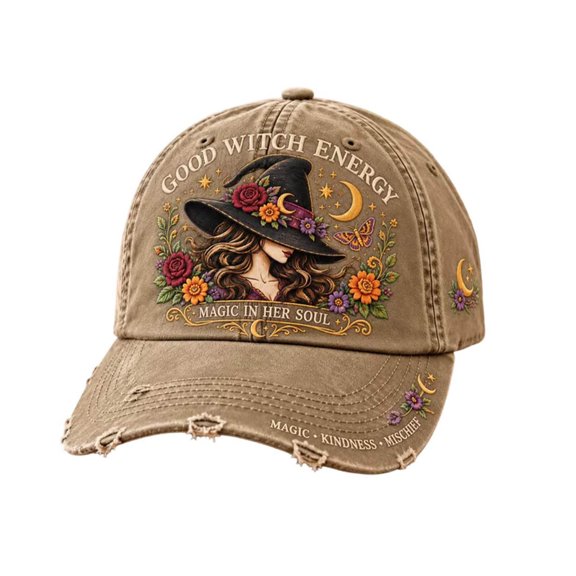 Witch Energy Witch Baseball Hat Distressed Hat With Floral Witch Patterns Moon And Star Details Distressed Brim For Daily Casual Wear Ideal For Autu
