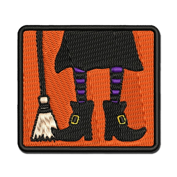Witch Feet With Broom Halloween Applique Multi-Color Embroidered Iron-On Patch - 2.0 Inch Mini