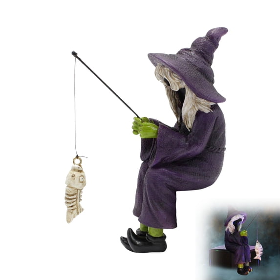 Witch Fishing Skeleton Fish Figurines,Halloween Decorations Indoor Witch Figurines and Statues Home Decor Resin Desktop Ornaments,Halloween Decor Fireplace Home,Patio,Desktop Decor ,5Inch
