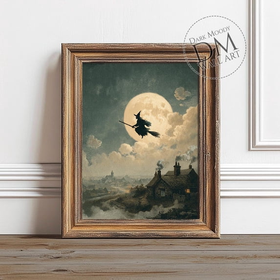 Witch Flying At Full Moon Wall Art Print, Dark Moody, Haunted ...