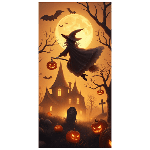 Witch Flying Banner Halloween Theme Haunted House Background for Party Decoration Night Celebration Spooky Event