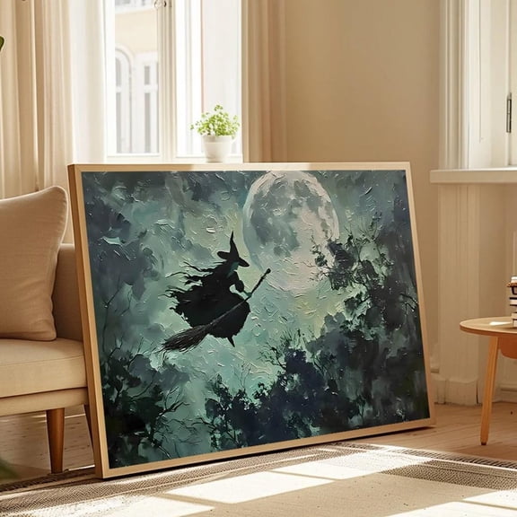 Witch Flying Over Moon Gothic Wall Art Home Decor, 8x12 UNFRAMED