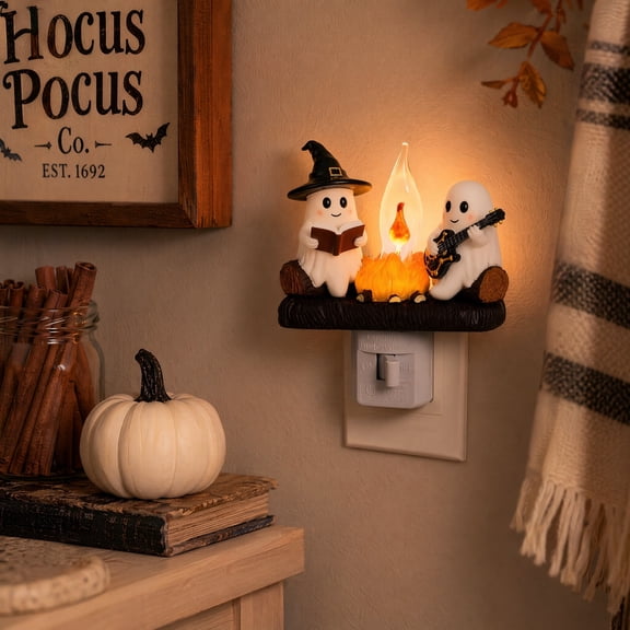 Witch Ghost Campfire Night Light, Plug-in Wall Flickering Flame 3D Guitar Reading Ghost Lamp, Halloween Decor Spooky Season Wall Night Light for Bedroom, Cute Decor Gift for Kids Adults