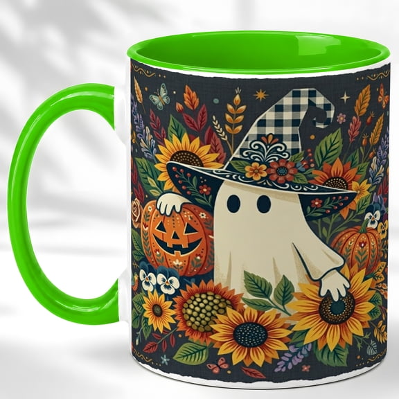 Witch Ghost Coffee Mug, Folk Pumpkin Mug, Ceramic 11 oz