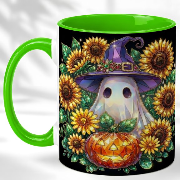 Witch Ghost Coffee Mug, Sunflower Pumpkin Mug, Ceramic 11 oz