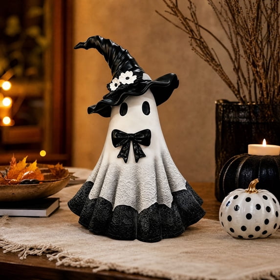 Witch Ghost Figurine with Black Witch Hat and Lace Skirt, Resin Gothic Halloween Statue, Spooky Elegant Tabletop Centerpiece for Home Party Decorations, for Shelf Mantel Desk and Entryway Display