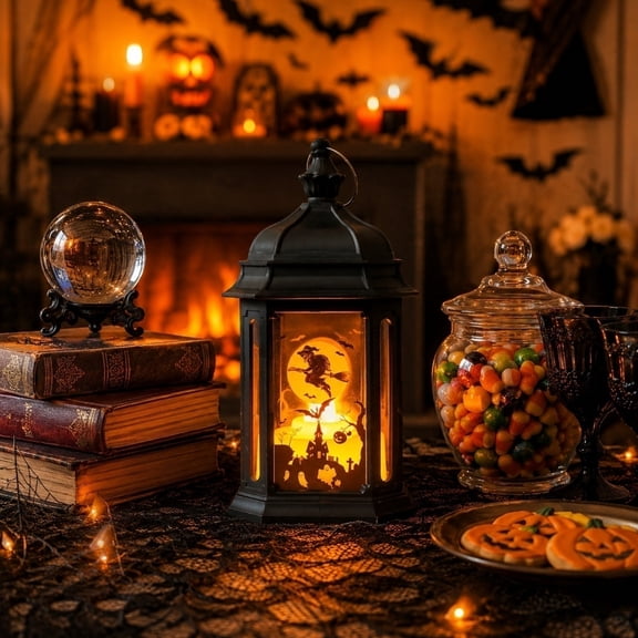 Witch and Ghost Pattern LED Lantern, Warm Twinkling Light, Top Hanging Ring and Flat Base, Multi-use for Home Decor, Party and Halloween Holiday Gifts