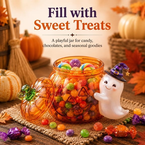 Witch Ghost Pumpkin Candy Jar,Cute Halloween Pumpkin Candy Jar with Wizard Ghost Figurine,Multi-Use Serving Bowl and Display Piece for Fall Parties,Removable Lid Design (Style1)