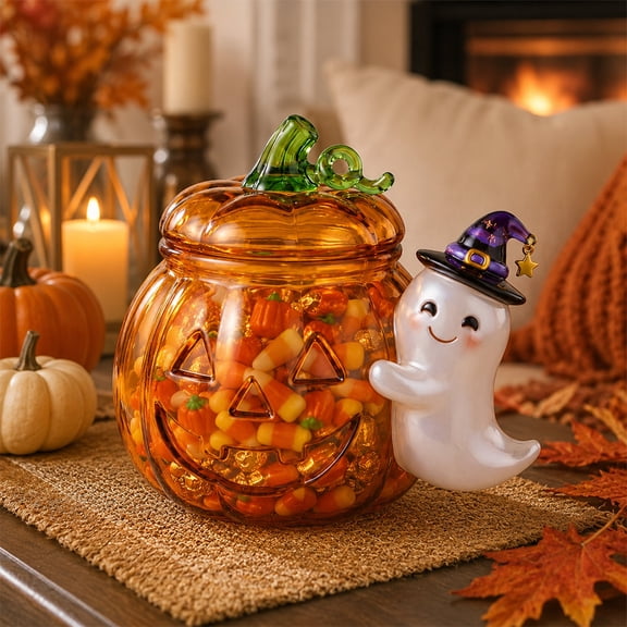 Witch Ghost Pumpkin Candy Jar, Scratch Resistant Amber Glass Jar, Potpourri and Snack Container for Halloween