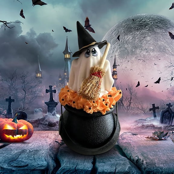 Witch Ghost Resin Figurine with Broom, Tiered Tray Decor for Fall Harvest, Spooky Halloween Tabletop Accent, Indoor Outdoor Porch Statue for Entryway, Bookshelf, Ghost House Setup, A