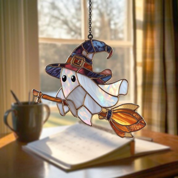 Witch Ghost Sun Catcher, Halloween Window Decor, Holographic Ghost Hanging, Spooky Fall Decoration, Stained Glass Style Ornament