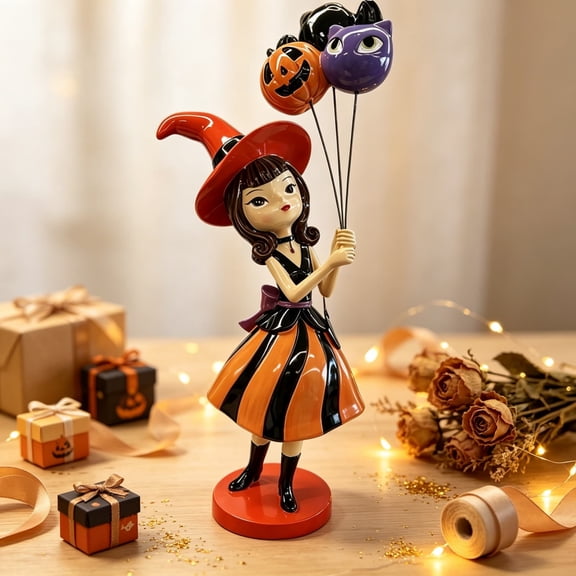 Witch Girl Holding Balloons Figurine, 10 Inch Halloween Cute Orange Black Dress Resin Figurine Statue for Tabletop Home Party Decoration