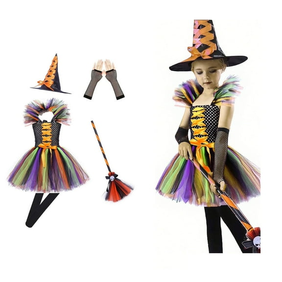Witch Girl Outfits Tulle Dress Girls Witch Horns Outfit Halloween Outfits for Kids Girls 10-12 Years Children Girls Dress