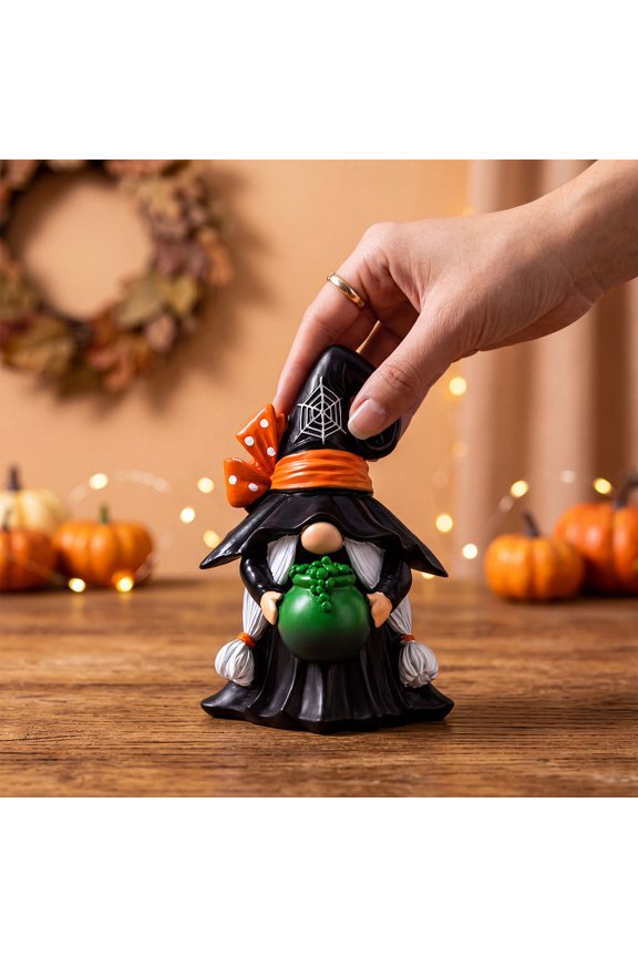 Witch Gnome Statue, Adds Whimsical Spooky Charm to Decor, Resin Figurine, Hand-Painted Detailed Finish and Compact Sturdy Base for Coffee Table, Bookcase Shelf, and Tiered Tray.