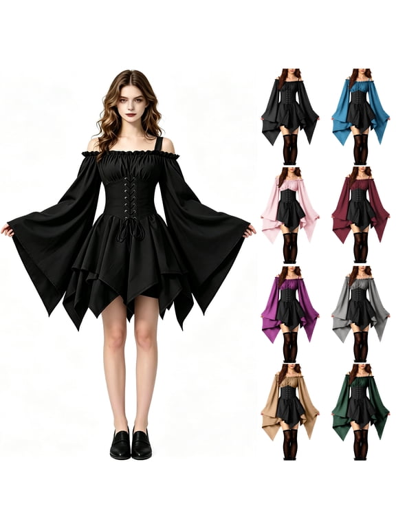 Witch Gothic Short Dresses for Women Elf Cosplay Halloween Costumes Vintage Masquerade Irish Traditional Corset Dress
