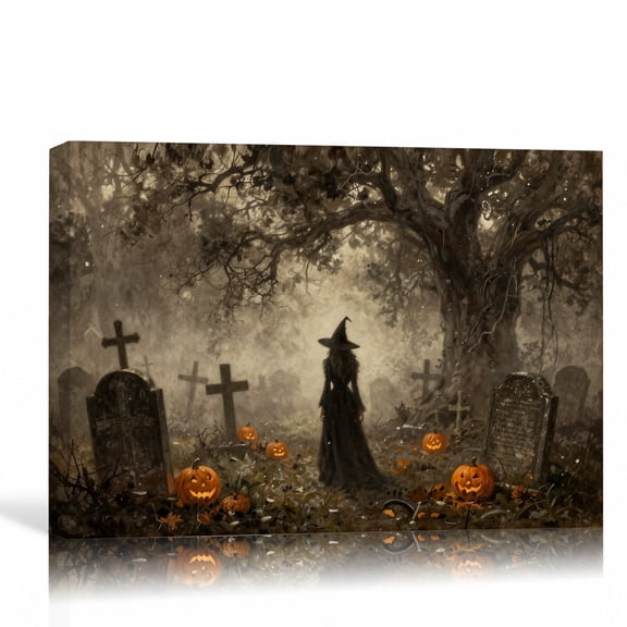 Witch Graveyard Pumpkins Wall Art Gothic Halloween Canvas Print Cemetery Gallery Wrapped Canvas Hallway Study Decor 12"L x 8"W